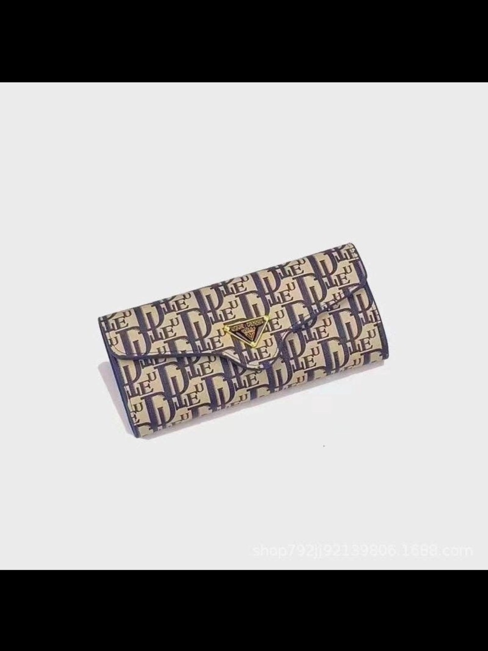 Monogram Trifold Wallet in Beige and Navy with Gold Accent